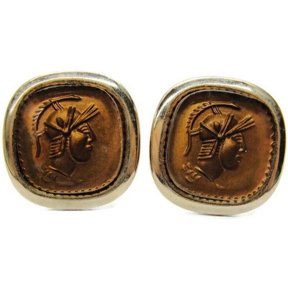 Roman Gladiator Gold Tone Acrylic Square Cufflinks Tux Shirt Dress Suit Vintage - Picture 2 of 9